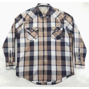 Coastal Shirt Men 2XL Blue Beige Western Pearl Snap Plaid Cotton Pockets Classic